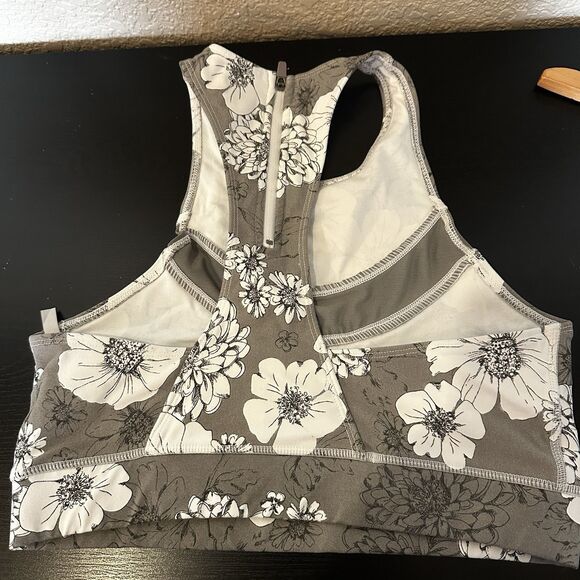 Mono B Zip Back Sports Bra Grey-brown White Floral Medium Women’s Racerback - Picture 3 of 4